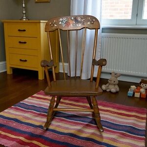 Vintage Hedstrom Child's Wooden Rocking Chair with Painted Bird & Fruit Motif